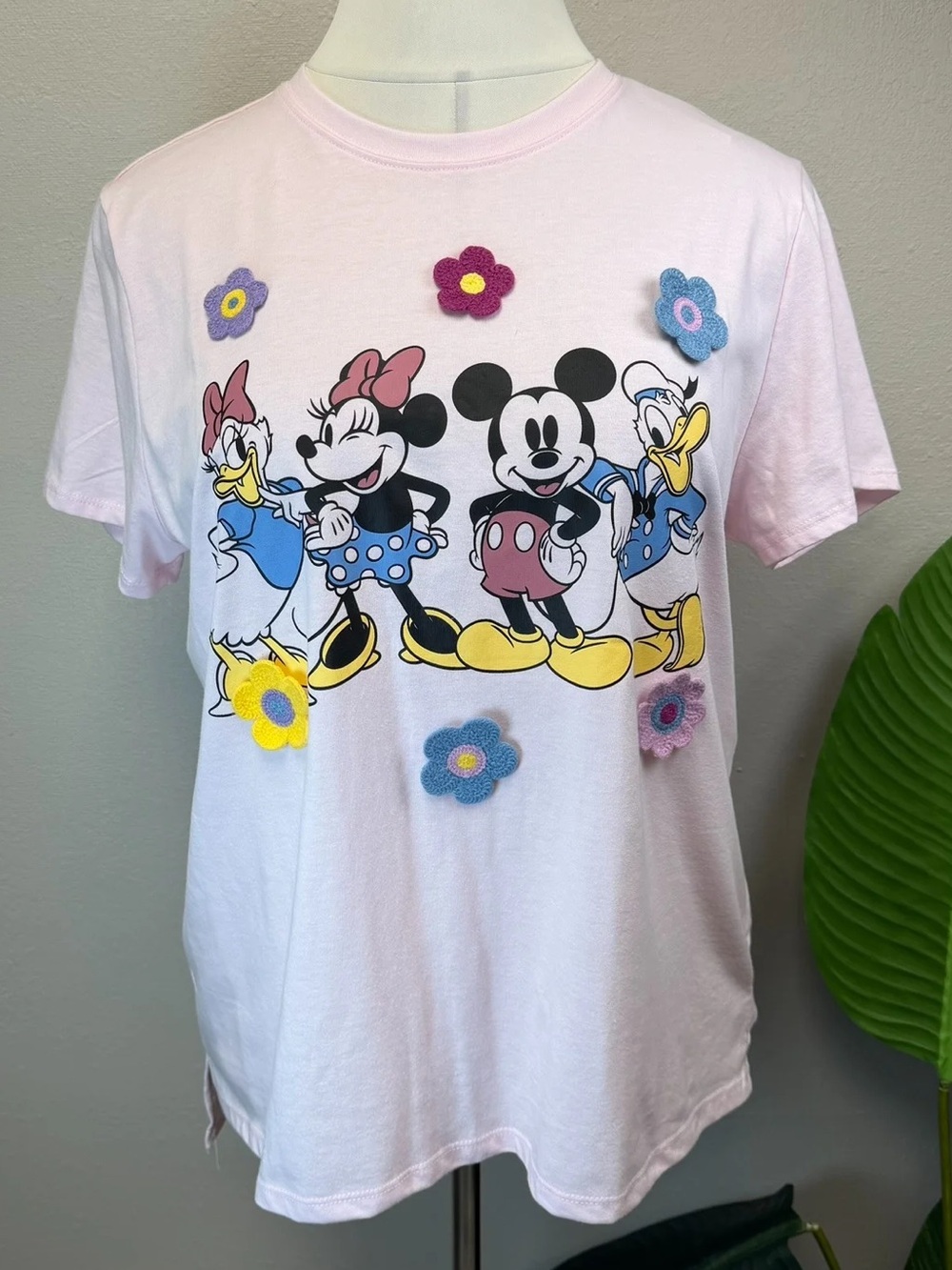 Disney Light Pink Crochet Floral Characters Tee Shirt - New - Size XXL